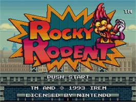 Title screen of Rocky Rodent on the Nintendo SNES.